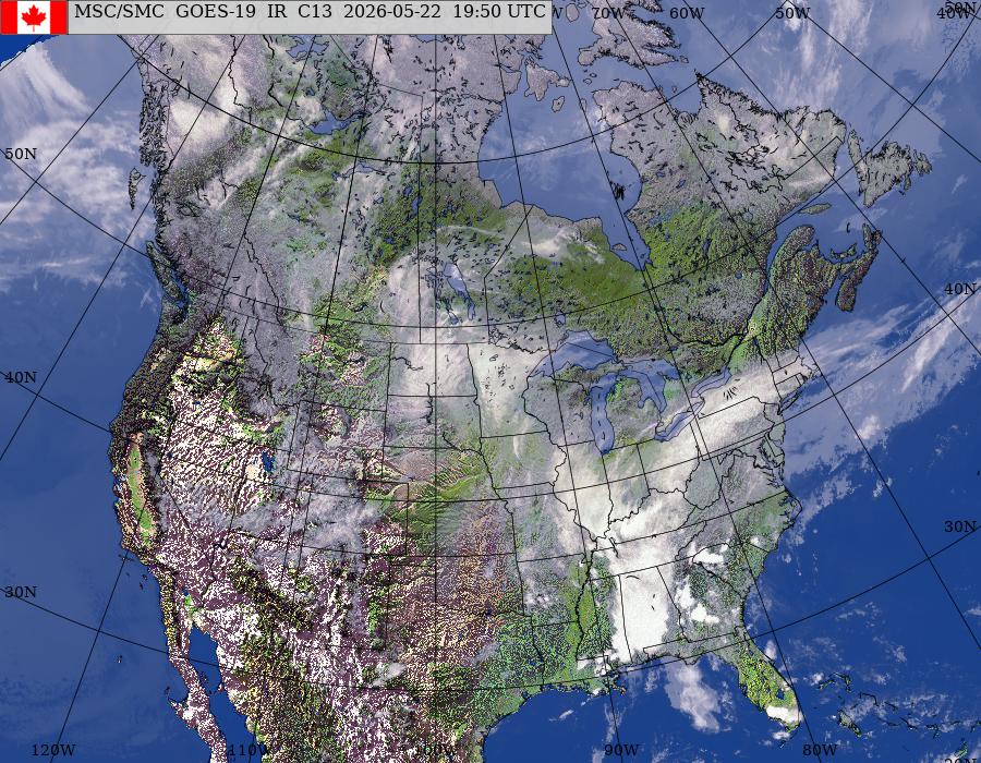 Image composite de l’Amérique du Nord provenant des satellites GOES – Est/Ouest (infrarouge et topographie)