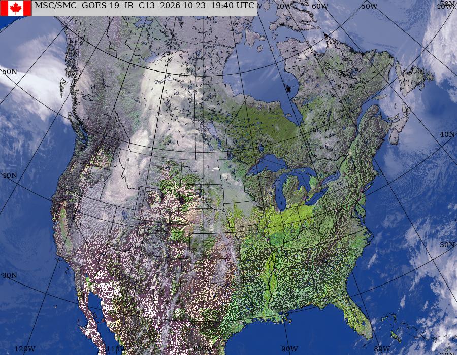 Image composite de l’Amérique du Nord provenant des satellites GOES – Est/Ouest (infrarouge et topographie)